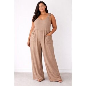 Boho Linen Blend Jumpsuit Tan Wide Leg Pocketed Size L Overalls Vacation Comfy